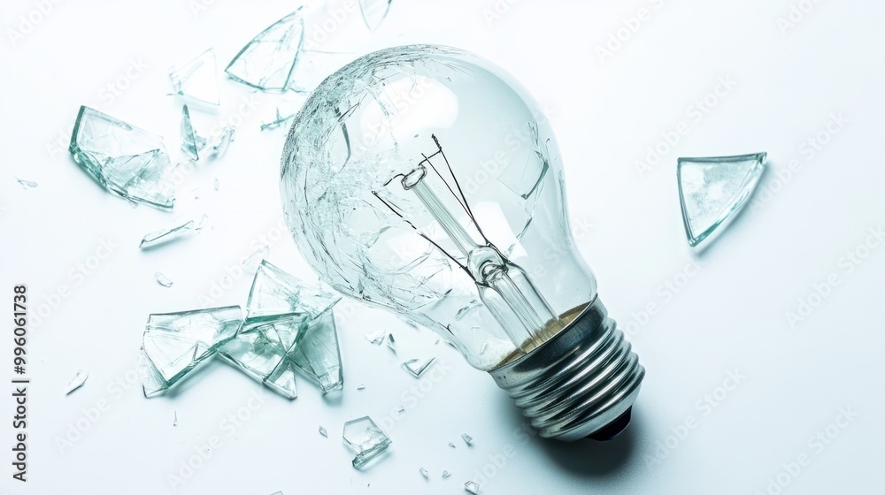 A broken light bulb with shattered glass surrounding it, isolated on a white background A broken light bulb with shattered glass surrounding it, isolated on a white background