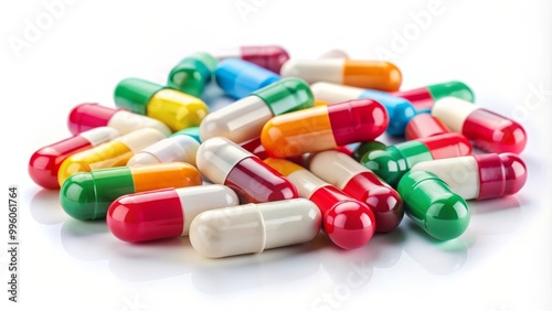 Macro shot of colorful pills and capsules lying on a white background