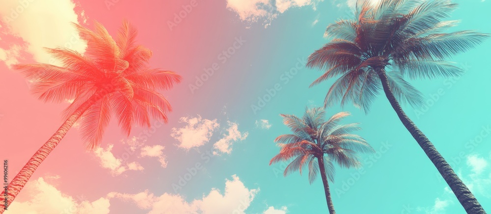 Vibrant palm trees set against a surreal sky in a 2d illustration A pastel themed flat design representing summer travel and beach parties featuring ample blank space Vibrant palm trees set against a surreal sky in a 2d illustration A pastel themed flat design representing summer travel and beach parties featuring ample blank space