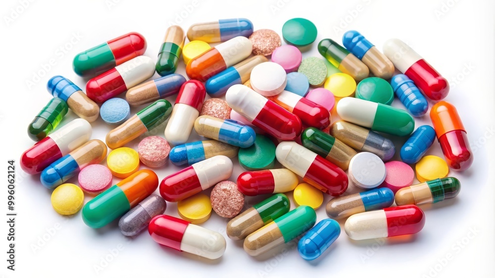 Macro shot of colorful pills and capsules lying on a white background Macro shot of colorful pills and capsules lying on a white background