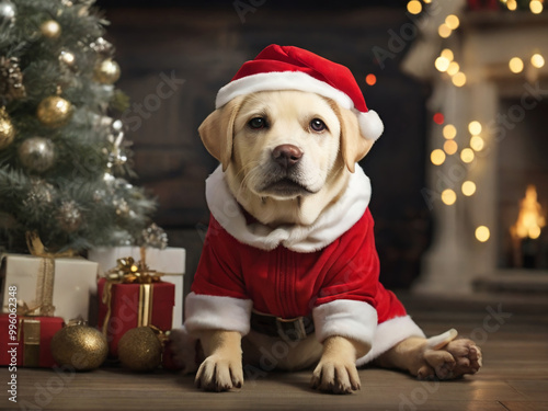 Labrador dog in red santa claus costume for christmas new year, AI generated