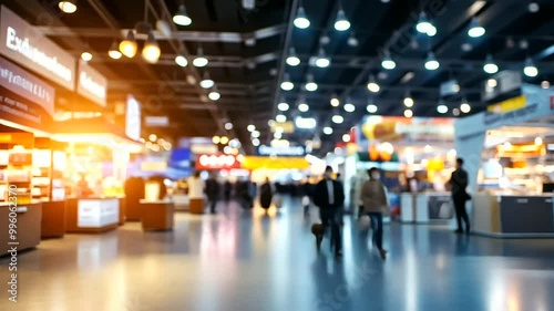 A blurred convention hall with a large audience gathered for a business event, where products are displayed on shelves in the background. The soft focus creates a sense of depth