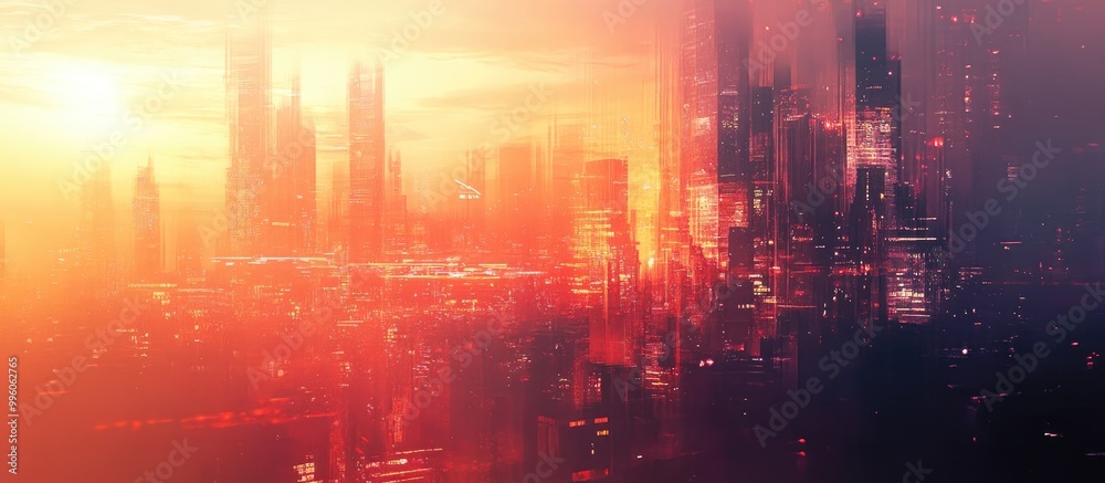 Surreal cityscape illuminated by the morning sun featuring abstract 2d elements
