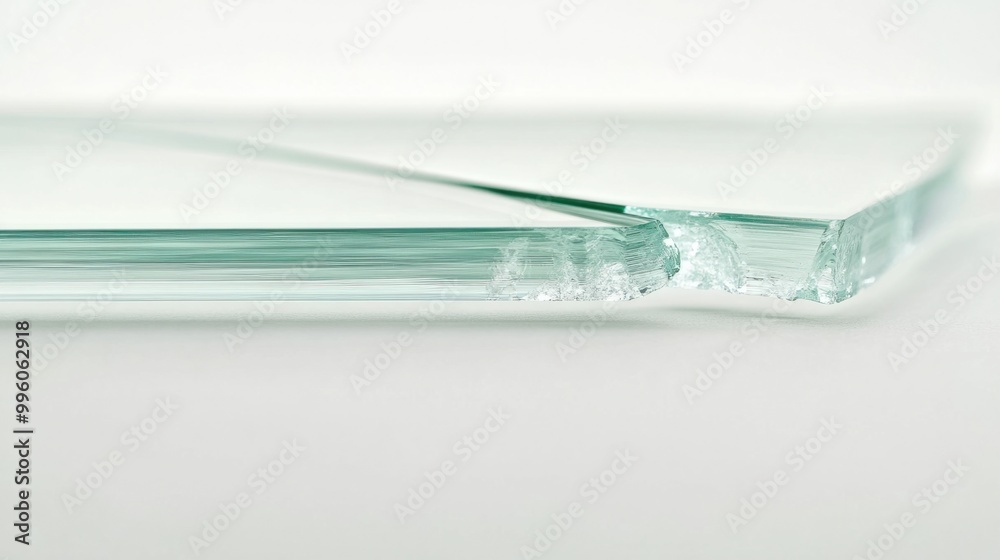 A close-up of a glass sheet with a clean break down the middle, isolated on white A close-up of a glass sheet with a clean break down the middle, isolated on white
