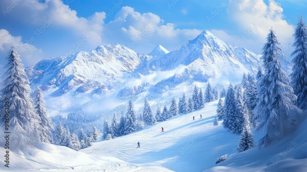 A scenic mountain landscape with snow-covered peaks under a bright blue sky, with skiers gliding down the slopes. A scenic mountain landscape with snow-covered peaks under a bright blue sky, with skiers gliding down the slopes.