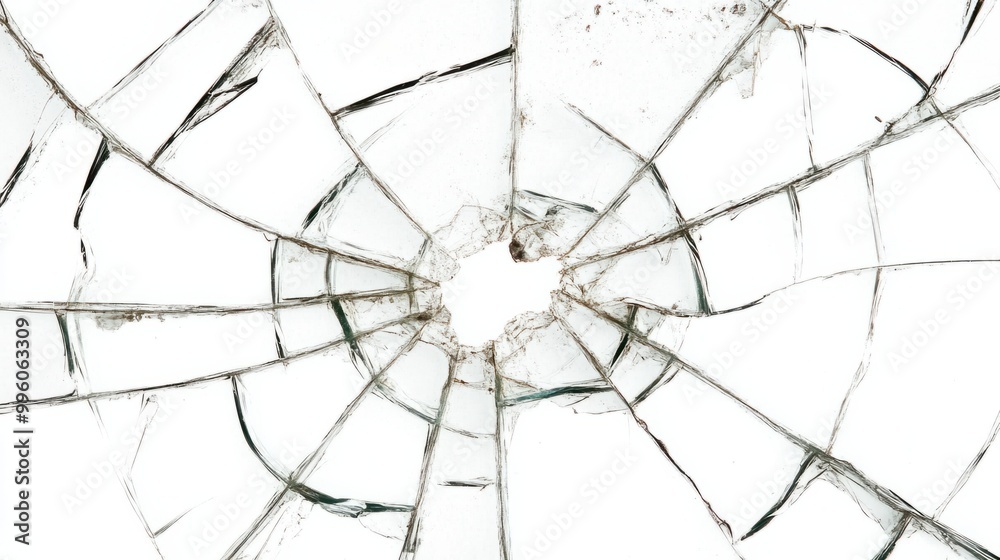 Fototapeta premium A cracked window with a large central break, isolated on a white background