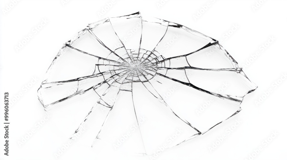Obraz premium A large broken glass pane with a spider-web crack pattern, isolated on a white background