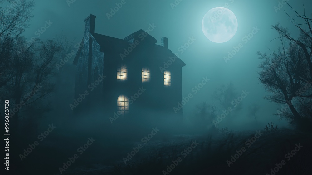 Haunted house in fog with full moon Haunted house in fog with full moon