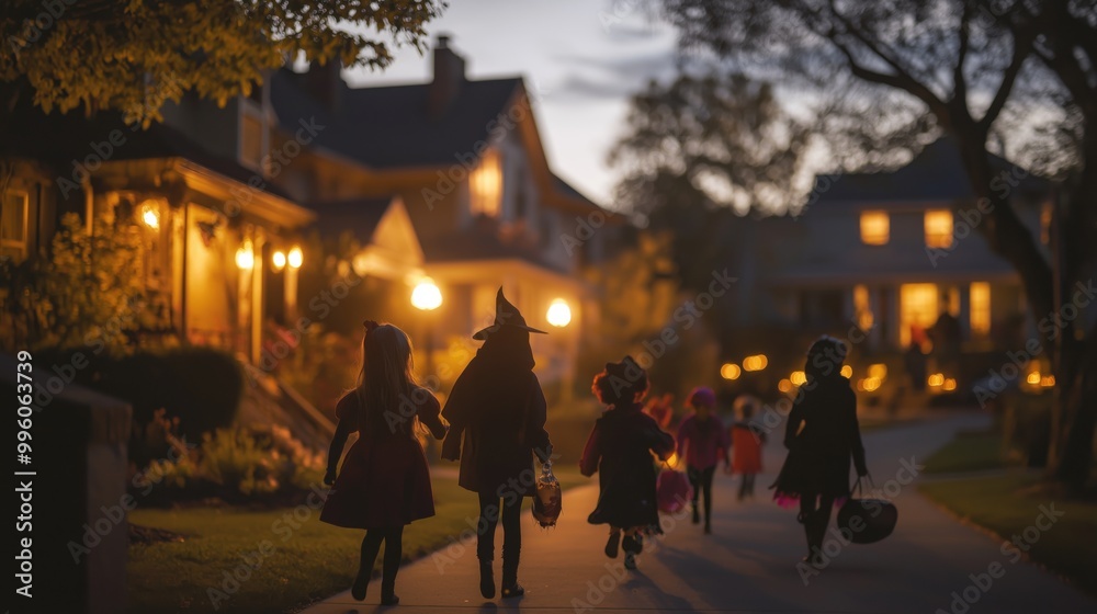 Obraz premium Trick-or-treaters in spooky costumes on Halloween night