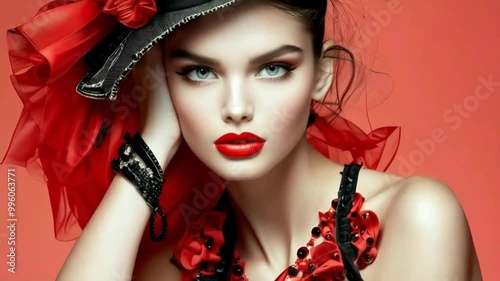 Brunette girl model with colorful makeup dressed in red and black tones on red background.