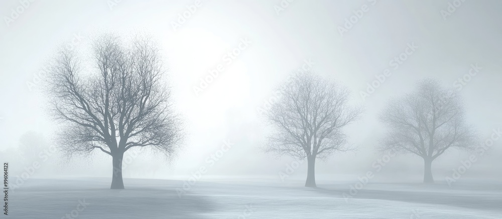 3D illustration of a foggy landscape featuring silhouettes of various trees 3D illustration of a foggy landscape featuring silhouettes of various trees