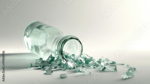 A shattered glass bottle with fragments scattered around on a clean white surface