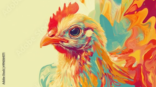 2d illustration of a chicken chick in an impressionist wavy style featuring a surrealistic representation of a bird s head photo