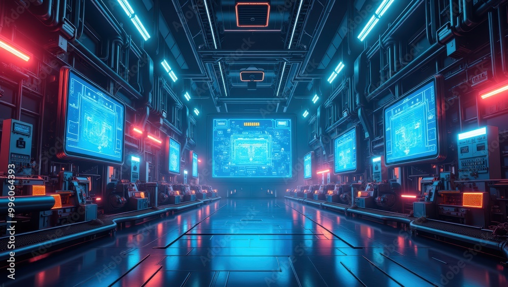 Futuristic Sci Fi Corridor with Neon Lights and Monitors Futuristic Sci Fi Corridor with Neon Lights and Monitors