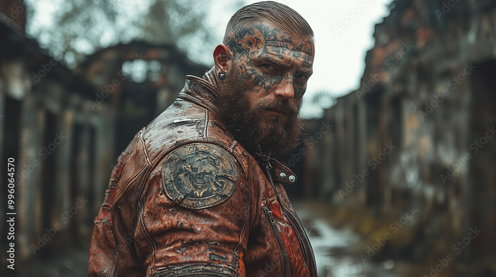 Brutal tattooed biker man in leather clothes and black motorcycle. High detail. Professional portrait shot Brutal tattooed biker man in leather clothes and black motorcycle. High detail. Professional portrait shot