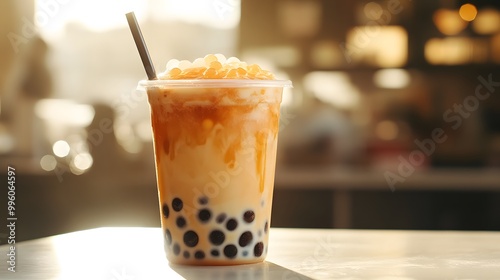 A bubble tea with brown tea, creamy milk, and white boba pearls in a clear plastic cup on a white table, bathed in natural light, creating an appetizing, refreshing look.