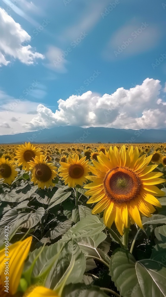 Fototapeta premium A field of sunflowers with a blue sky in the background