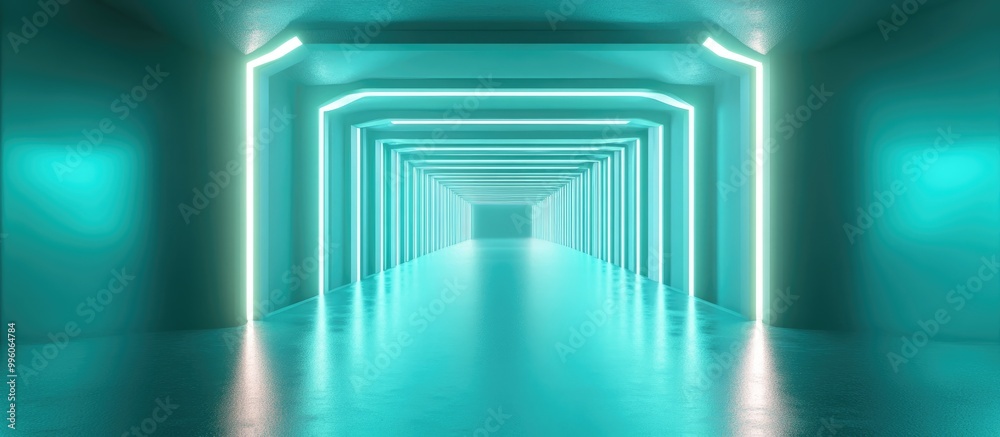 Fototapeta premium Surreal 3D rendering featuring an abstract teal green corridor design with a conceptual interior and background
