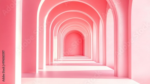 Surreal 3D rendering featuring a pastel pink arch corridor set against an abstract background Dreamlike interior illustration in vibrant hues