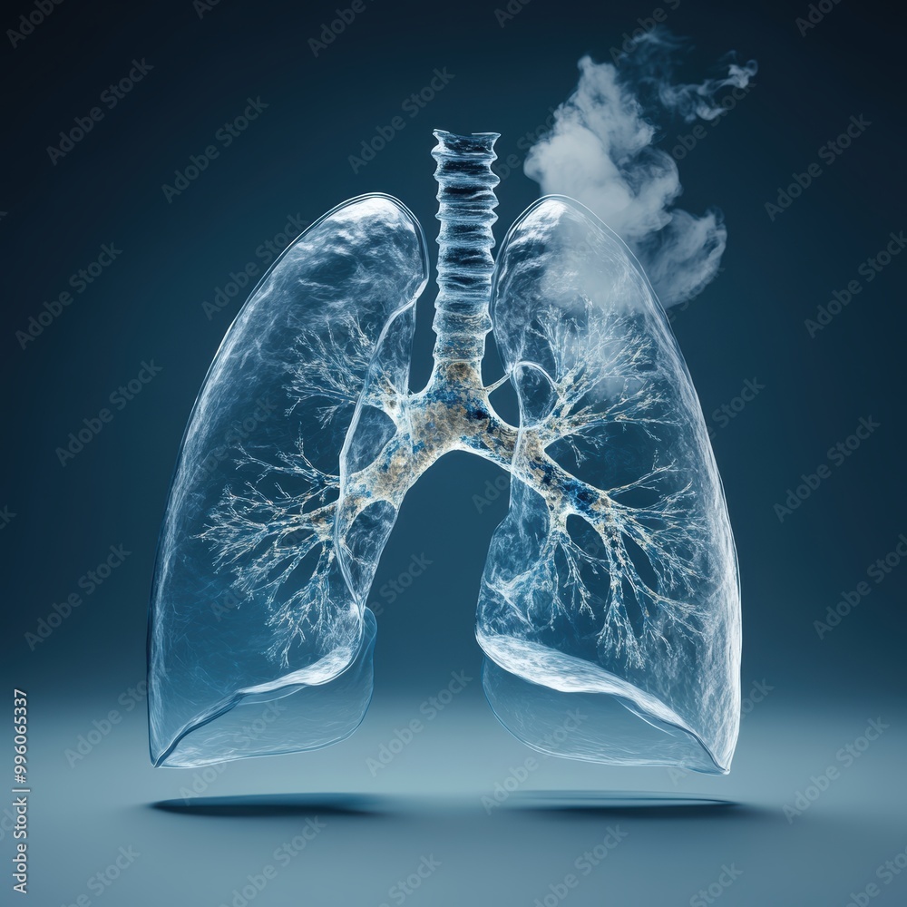 Anatomically accurate illustration of human lungs, showcasing intricate details and smoke for visual impact. Anatomically accurate illustration of human lungs, showcasing intricate details and smoke for visual impact.