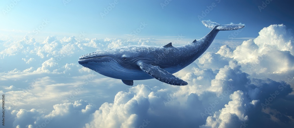 Naklejka premium Whale soaring through a blue sky above clouds in a surreal scene