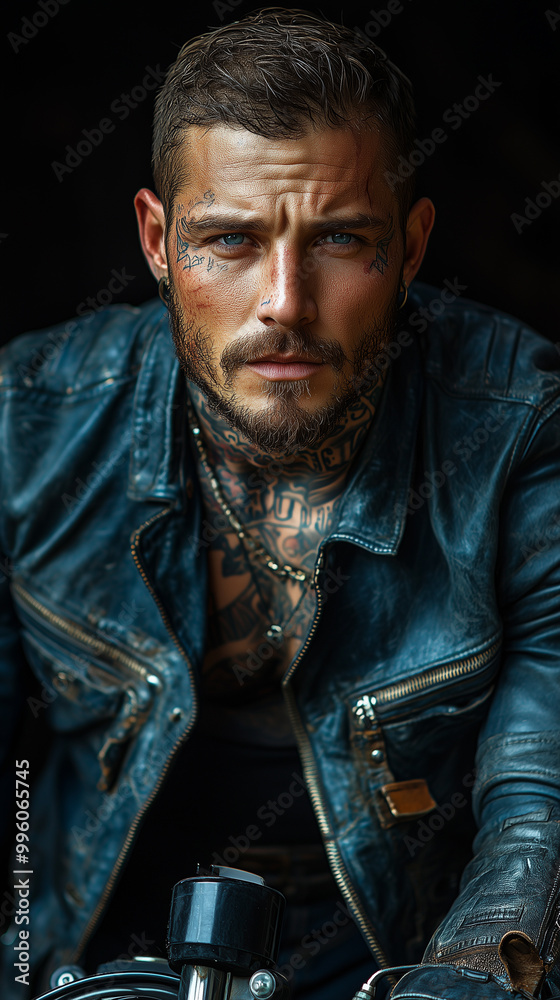 Obraz premium Brutal tattooed biker man in leather clothes and black motorcycle. High detail. Professional portrait shot
