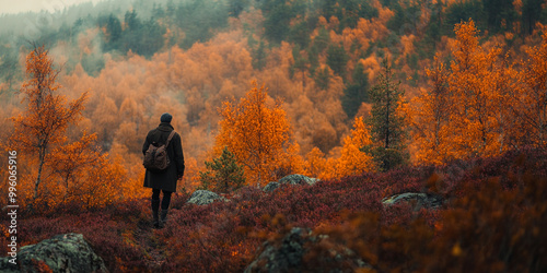 Lone forager in a woolen coat walking through vibrant autumn forest. Nordic landscape with fiery foliage and copy space. Autumn adventure and nature exploration concept.