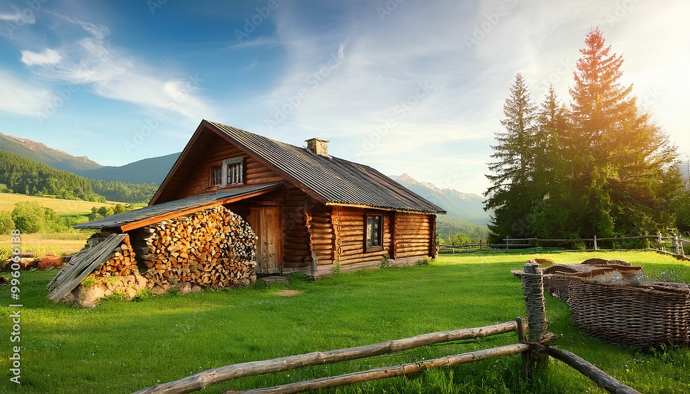 Fototapeta premium Photo a green landscape of the country house, the firewood