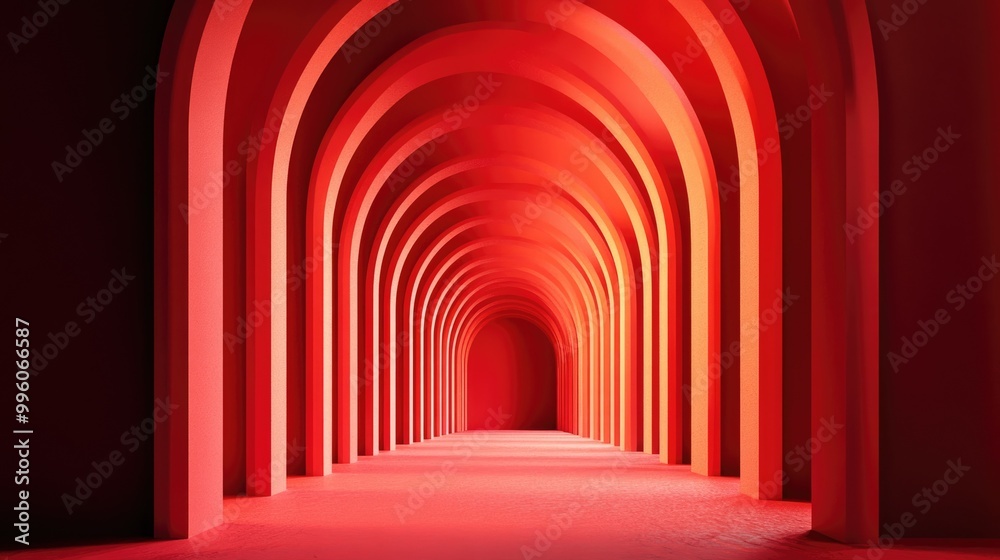 Abstract red surreal 3D render featuring an arched corridor with a vertical background Surreal interior concept illustrated in three dimensions Abstract red surreal 3D render featuring an arched corridor with a vertical background Surreal interior concept illustrated in three dimensions