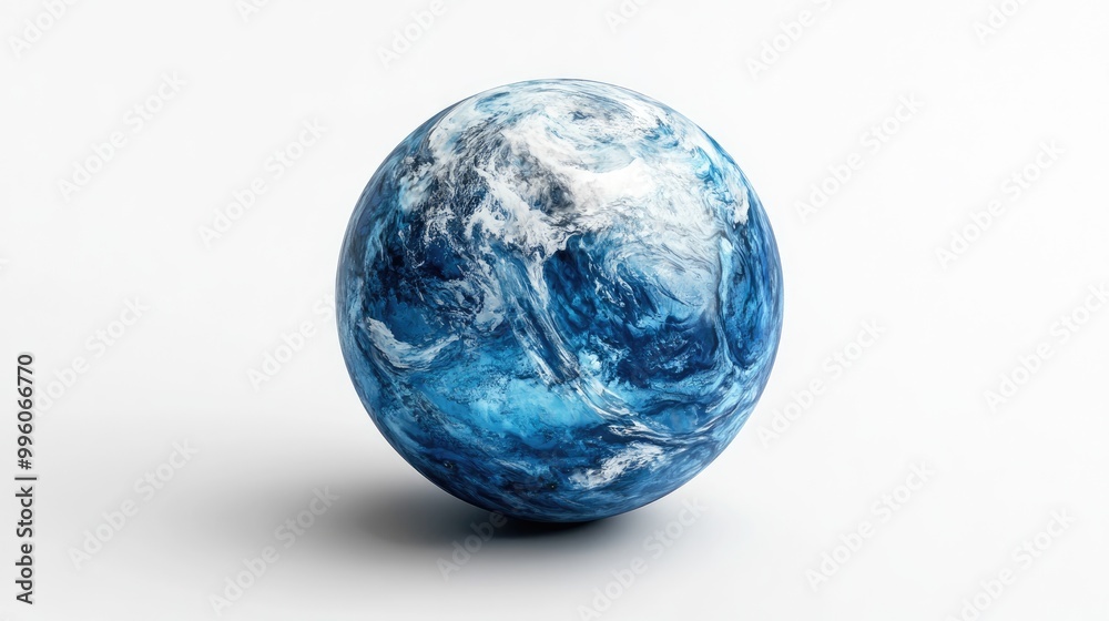 Surreal blue planet with oceans on a white background globe cosmos resin sphere appealing icon 3D rendering
