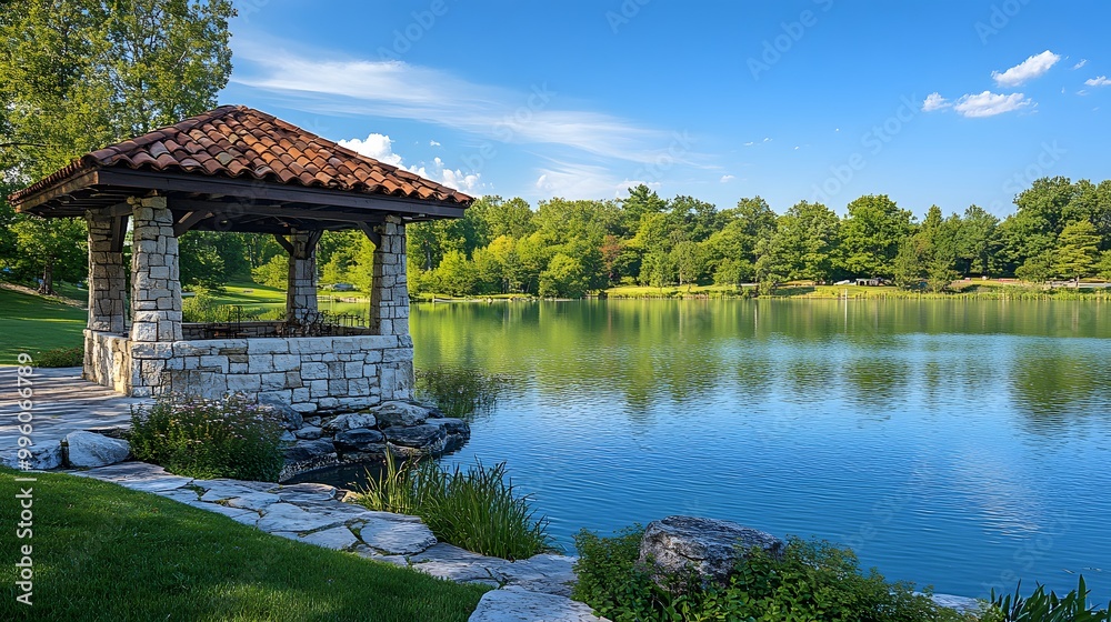 Lakeside scene with serene water reflections and a stone gazebo, set in a lush green landscape with clear blue sky, creating a tranquil outdoor setting and harmonious blend. Lakeside scene with serene water reflections and a stone gazebo, set in a lush green landscape with clear blue sky, creating a tranquil outdoor setting and harmonious blend.