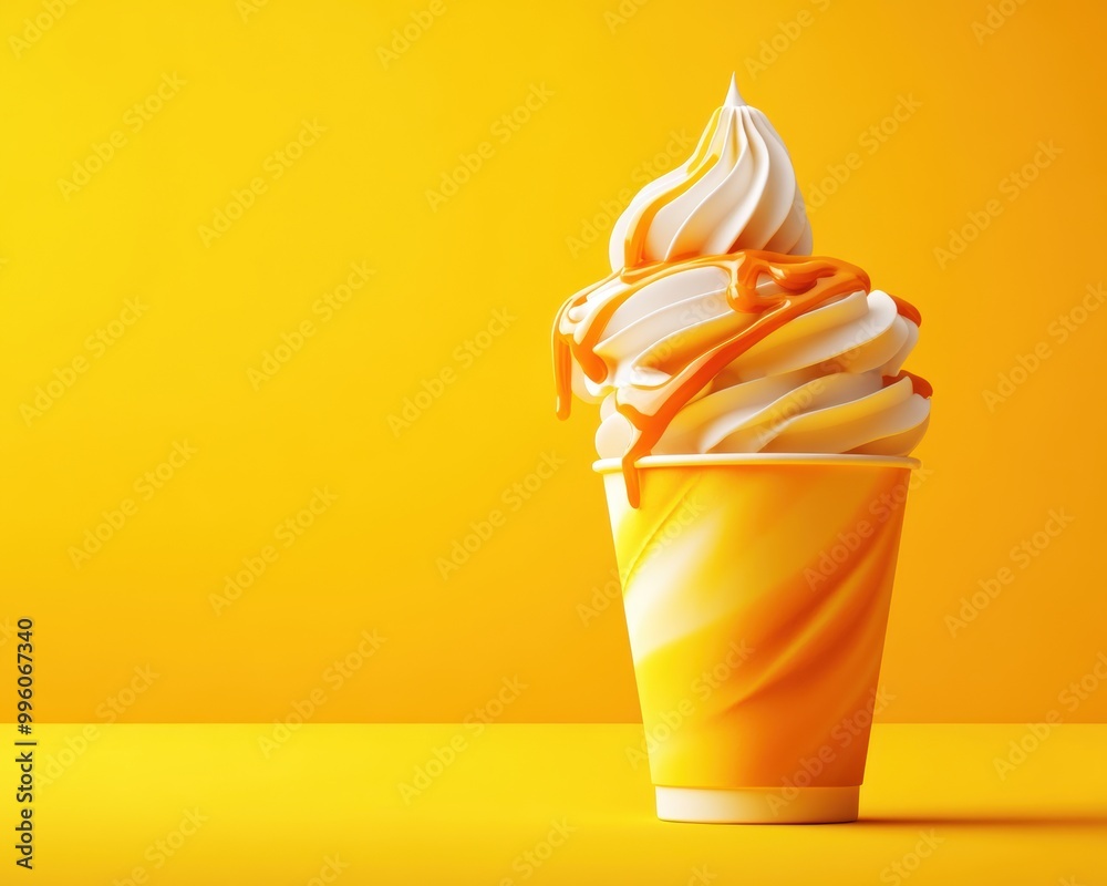 Delicious soft serve ice cream in a vibrant yellow cup, topped with creamy swirls, perfect for summer treats. Delicious soft serve ice cream in a vibrant yellow cup, topped with creamy swirls, perfect for summer treats.