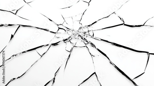 Cracked glass with deep fractures radiating from a central point, isolated on white