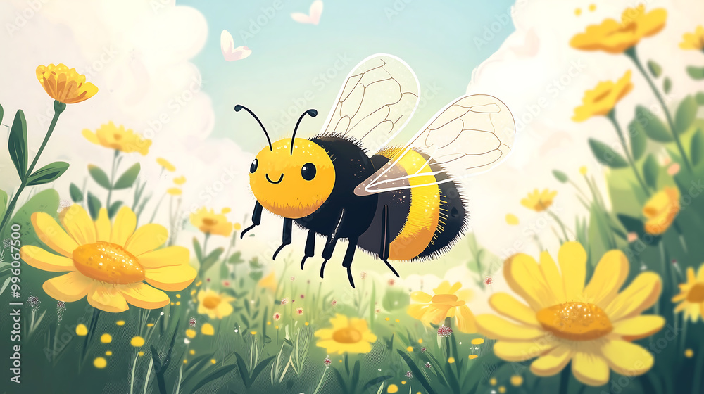 Cute cartoon style illustration of a happy bee flying in a meadow full of yellow flowers It s a bright and sunny day with a cheerful mood Cute cartoon style illustration of a happy bee flying in a meadow full of yellow flowers It s a bright and sunny day with a cheerful mood