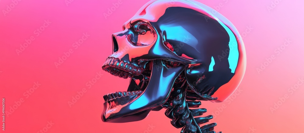3D rendered illustration of a side view screaming skull featuring a reflective chrome mask design set against a gradient background with vaporwave style colors 3D rendered illustration of a side view screaming skull featuring a reflective chrome mask design set against a gradient background with vaporwave style colors
