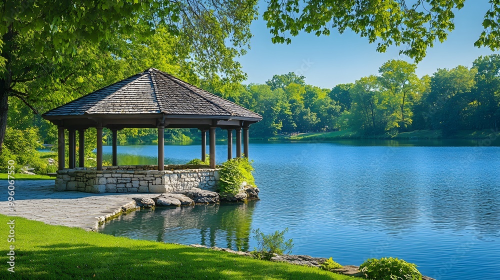 Lakeside scene with serene water reflections and a stone gazebo, set in a lush green landscape with clear blue sky, creating a tranquil outdoor setting and harmonious blend. Lakeside scene with serene water reflections and a stone gazebo, set in a lush green landscape with clear blue sky, creating a tranquil outdoor setting and harmonious blend.