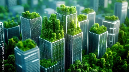 Futuristic cityscape with greenery on skyscrapers, showcasing urban sustainability and environmental innovation. photo