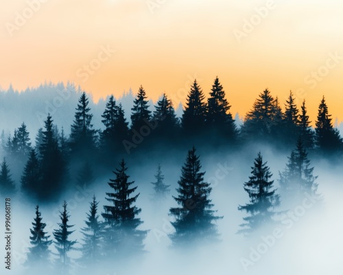 Misty forest scene at sunrise with silhouette trees, serene natural beauty, tranquility, and calm atmosphere.