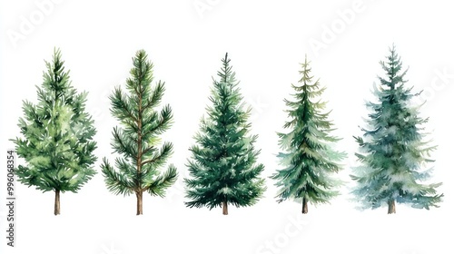 Watercolor Illustration of Five Evergreen Trees photo