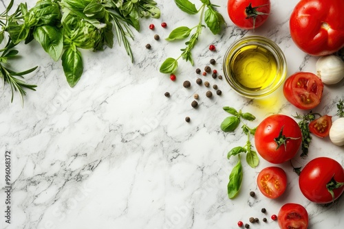 Healthy food cooking ingredients background with fresh vegetables, herbs, spices and olive oil on marble table with copy space top view with generative ai