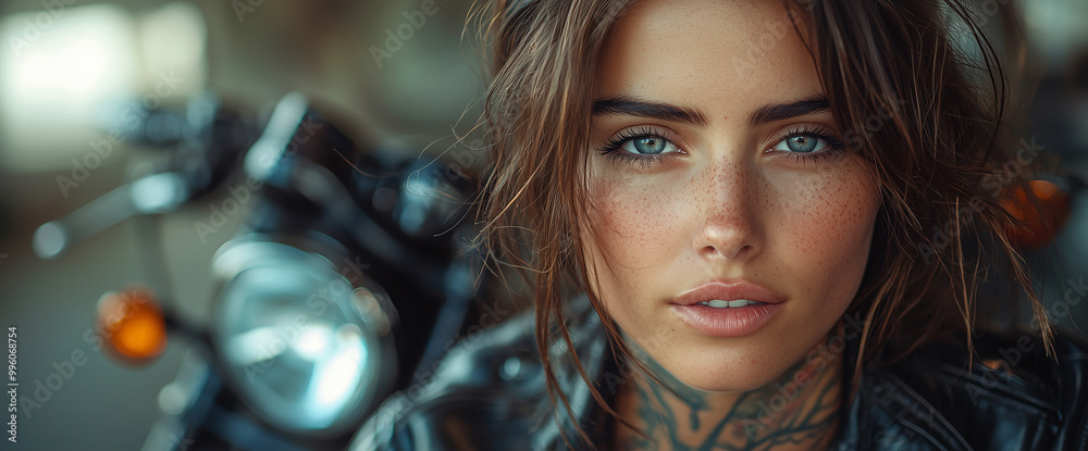 Brutal tattooed biker woman in leather clothes and black motorcycle.High detail. Professional portrait shot Brutal tattooed biker woman in leather clothes and black motorcycle.High detail. Professional portrait shot