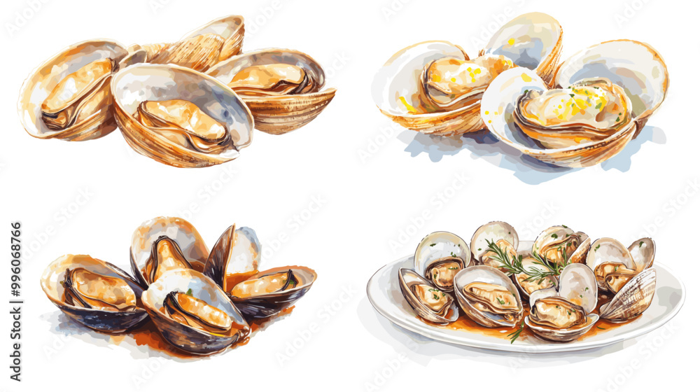 Obraz premium Four different types of clams are shown on a white plate. The clams are arranged in a way that highlights their unique shapes and sizes. The plate is placed on a white background