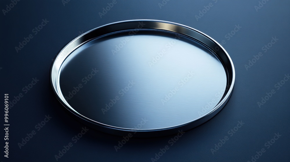 A sleek, silver, round tray isolated on a blue background. A sleek, silver, round tray isolated on a blue background.