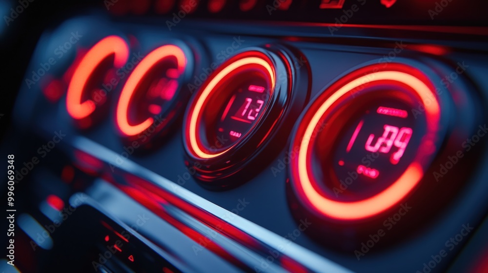 Red illuminated gauges in a futuristic car interior. Red illuminated gauges in a futuristic car interior.