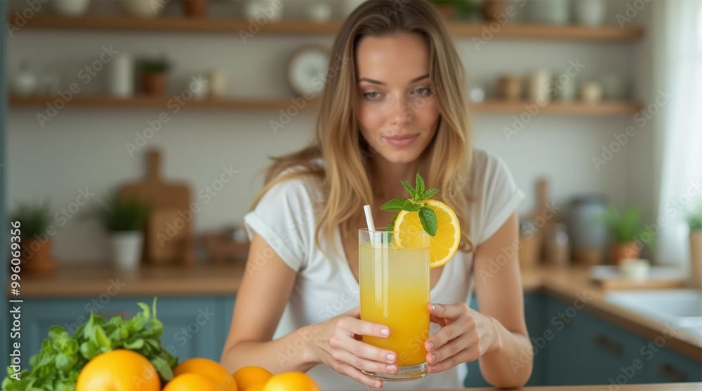 Beautiful young woman holding glass of lemonade with orange and mint in kitchen Beautiful young woman holding glass of lemonade with orange and mint in kitchen