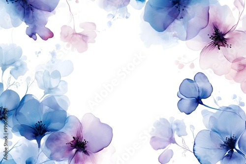 Abstract watercolor painting with blue and purple flowers on a background. 