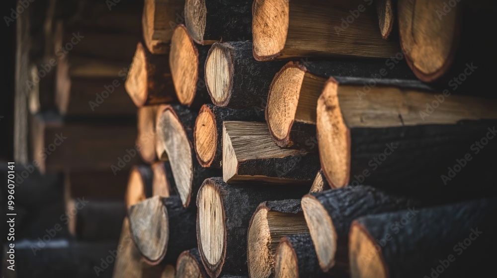 Neatly stacked firewood logs with visible wood grain Neatly stacked firewood logs with visible wood grain