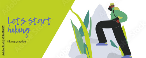 Cheerful female hiking on nature background. Hiking outdoor adventure, active tourist, trekking, backpacking. Modern flat vector illustration. Let's start hiking. Landing page, website banner template