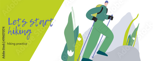 Cheerful male hiking with hiking poles on nature background. Hiking outdoor adventure, active tourist, trekking and backpacking. Vector illustration. Let's start hiking. Landing page, website banner