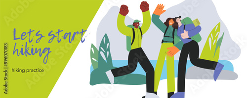 Cheerful group of people jump, male, females perform on nature background. Hiking outdoor adventure, active tourists, trekking and backpacking. Vector illustration. Let's start hiking. Website banner.